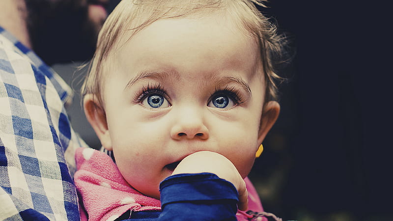 Grey Eyes White Hair Baby Boy Is Licking Finger Wearing Blue Pink Dress In Black Background Cute, HD wallpaper