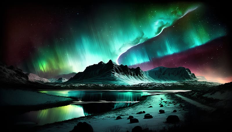 Aurora borealis in the night sky, Lake, Northern lights, Norway, Mountain, HD wallpaper
