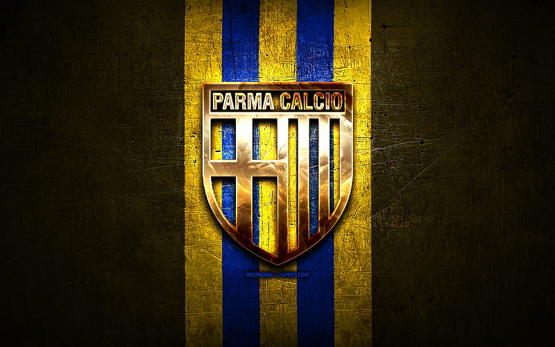 Parma FC, golden logo, Serie A, yellow metal background, football, Parma Calcio 1913, italian football club, Parma logo, soccer, Italy, HD wallpaper