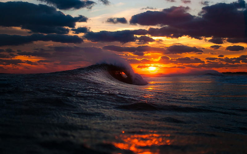sunset, ocean, wave, ocean wave, water, HD wallpaper