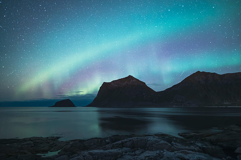 northern lights, rocks, sea, night, nature, HD wallpaper