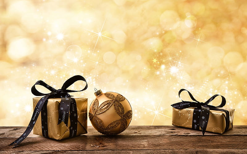 Golden Christmas background, golden gift with black silk bow, Happy New Year, Merry Christmas, Golden Christmas ball, HD wallpaper