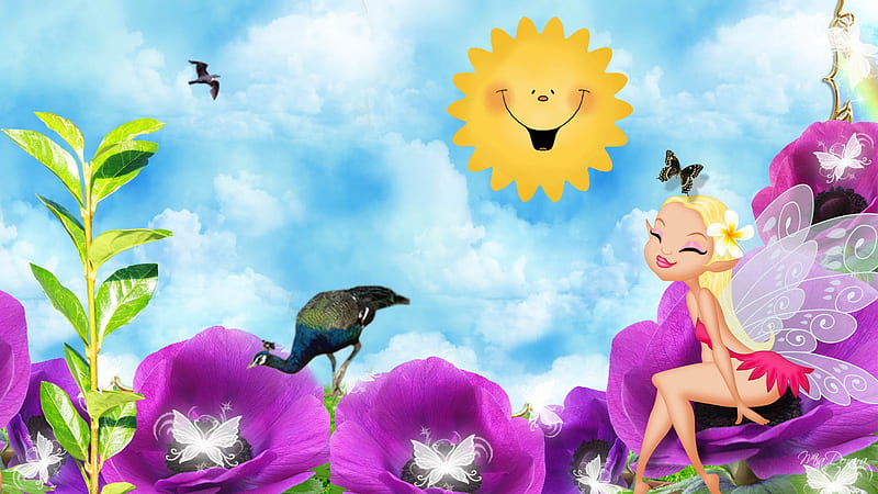 Cute Fairy, sun, plant, children, birds, sky, cute, flowers, fairy, kids, HD wallpaper