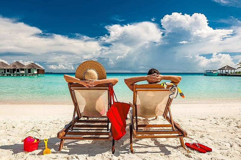 Couple on beach, Sea, Holiday, Couple, Beach chairs, Summer, HD wallpaper