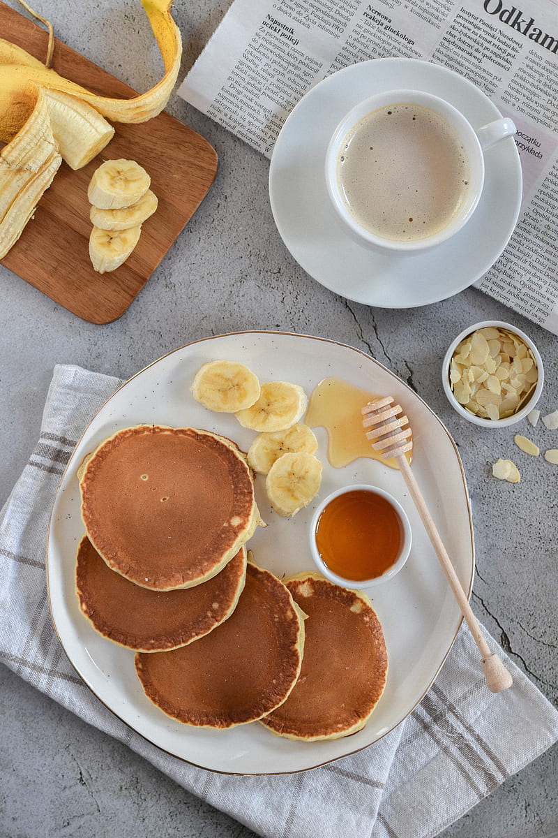 pancakes, honey, bananas, coffee, breakfast, HD phone wallpaper
