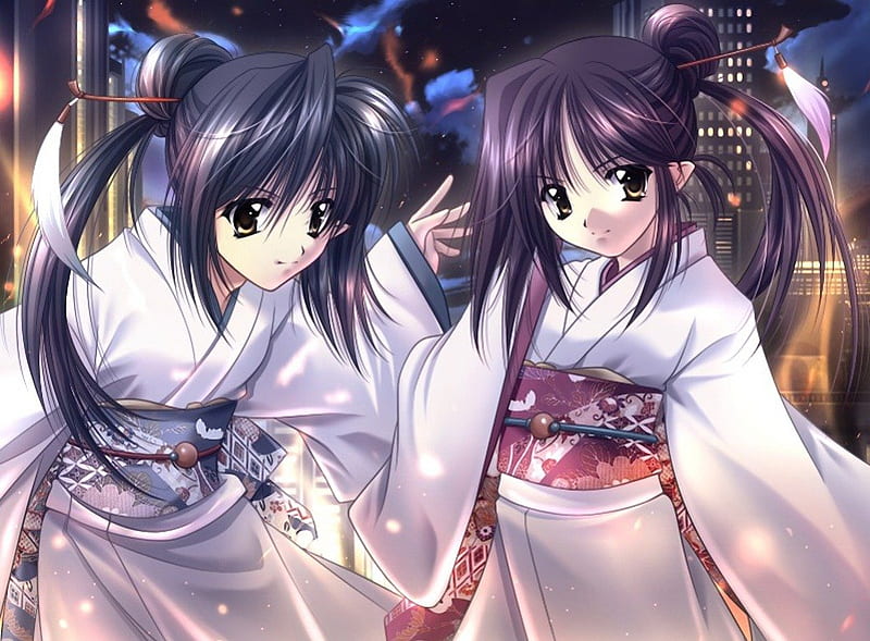 Twins Kimono, female, kimono, sexy, cute, girl, anime, yukata, hot ...