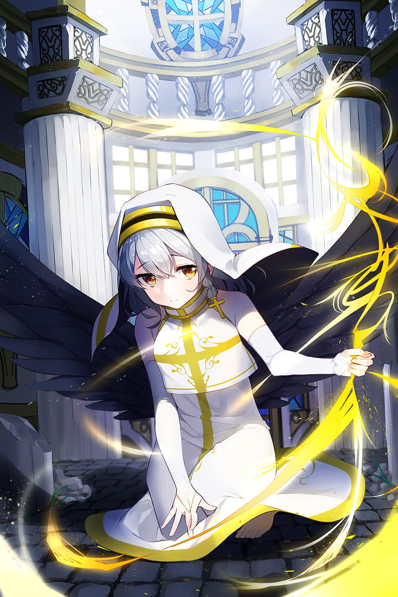 anime girl, nun, columns, white dress, wings, angel, Anime, HD phone wallpaper