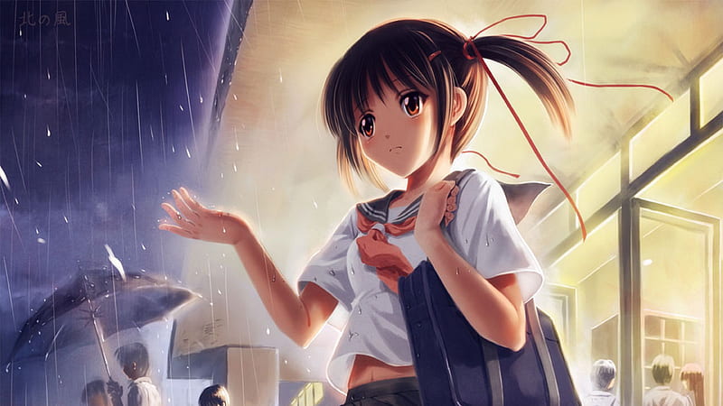 Girl Students Rain Umbrella Art, anime, anime-girl, HD wallpaper
