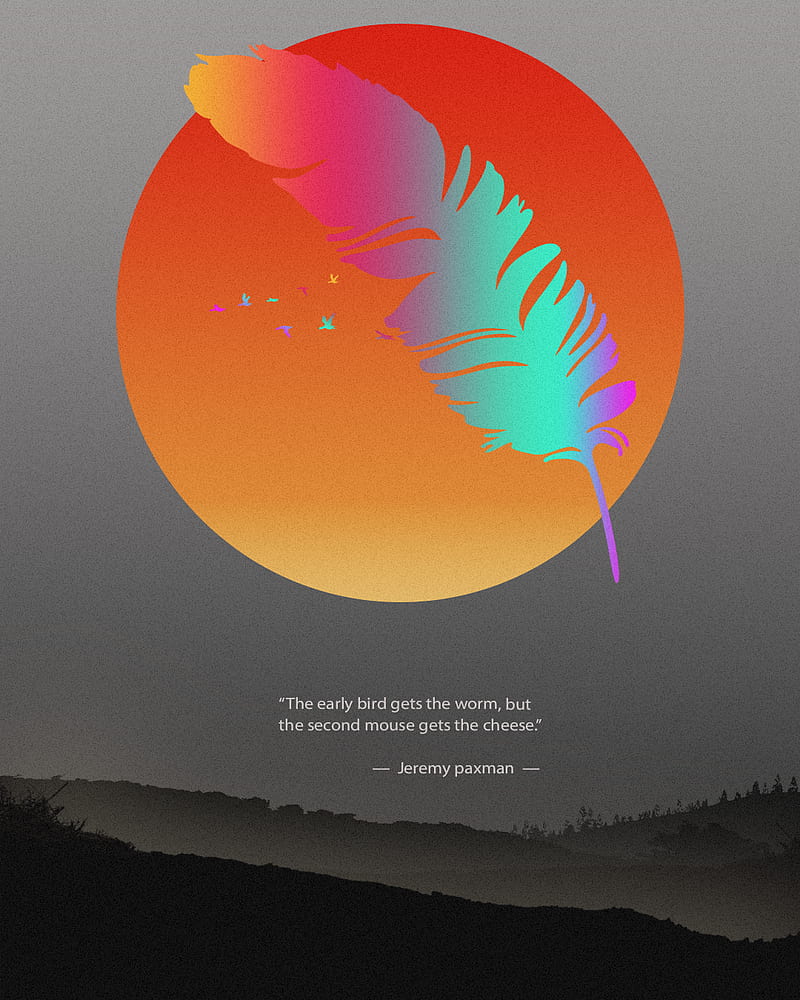 gradient, feathers, quote, birds, mountains, Sun, night, ridges, HD phone wallpaper