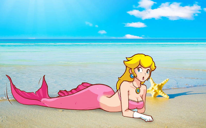 Mermaid Peach, cute, beach, Video Games, Super Mario Bros, Nintendo, Princess Peach, mermaids, HD wallpaper