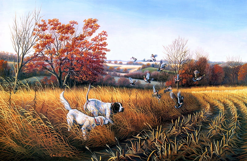 Hunting Dogs Prey On Mallards, autumn, painting, birds, trees, artwork, field, HD wallpaper