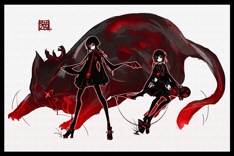 Dark anime girls and dark cat, black, red, cat, dark, HD wallpaper | Peakpx