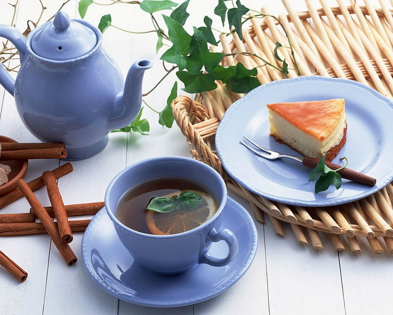 Tea and cake, cake, food, drinks, cup, tea pot, tea, HD wallpaper
