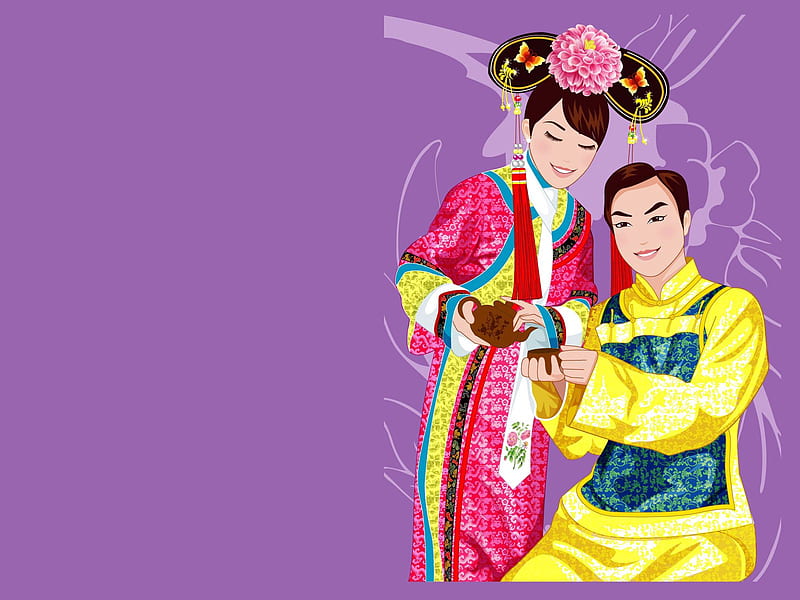 Mobile : Vector, Couple, Pair, Smile, Girl, Guy, China, Tea Drinking, Tea Party, Costume, 132121 the for, Chinese Couple, HD wallpaper