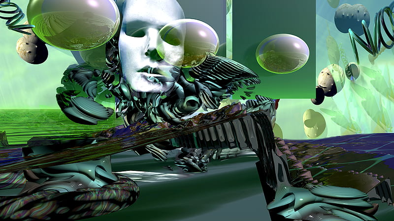 Mechanical Man, iphone headset, 3d, green, science fiction, alien landscape, portrait, HD wallpaper