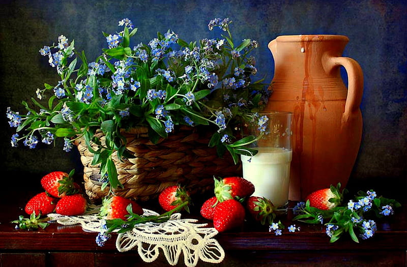 Strawberries And Cream, fruit, glass, still life, basket, lace scarf, flowers, strawberries, pitcher, HD wallpaper