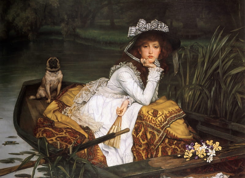Young lady in a boat, james tissot, dog, hat, art, caine, water, vara, boat, girl, young lady, summer, painting, pictura, HD wallpaper
