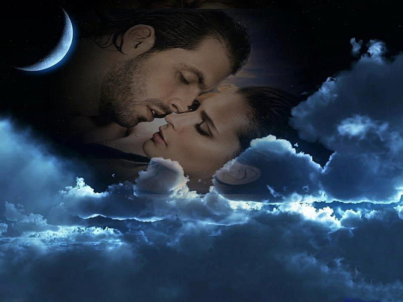 Romantic Night, romantic, bonito, valentine, clouds, man and women, fantasy, moon, eclipse, love, night, HD wallpaper