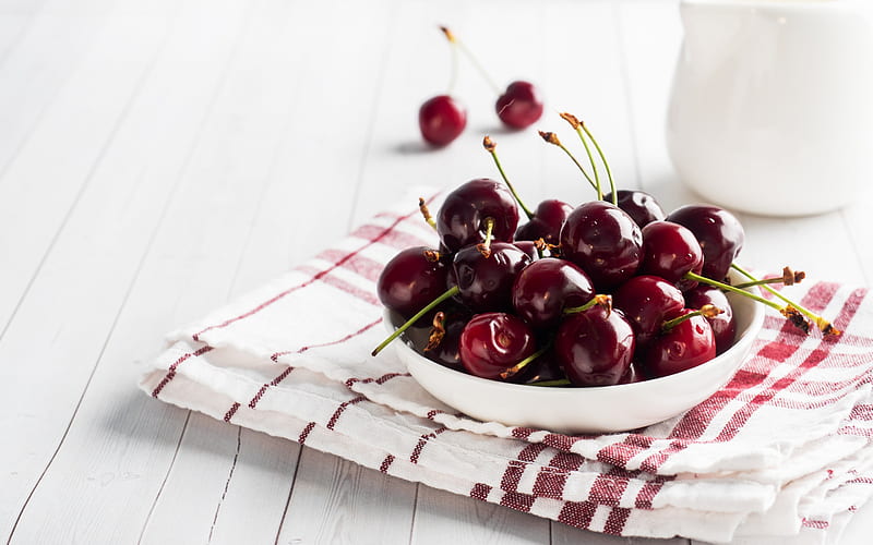 cherries, fruits, plate with cherries, berries, summer, cherries on a plate, HD wallpaper