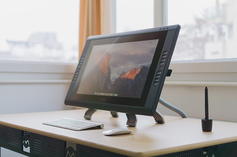 turned on gray flat screen monitor on wooden desk, HD wallpaper