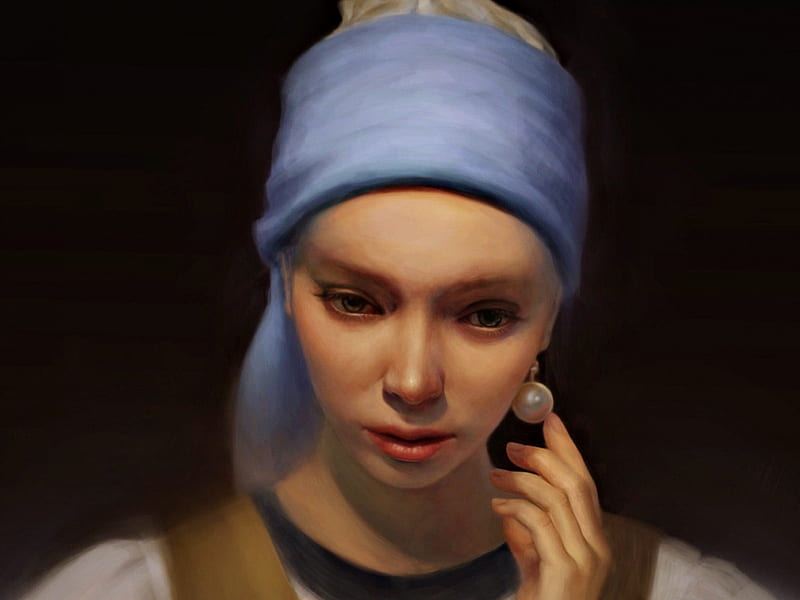 Girl with a pearl earring, art, painting, black, fiona meng, white, woman, blue, HD wallpaper