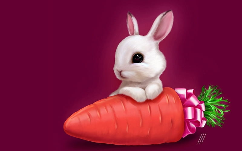 Little Rabbit, rabbit, carrot, white, orange, HD wallpaper
