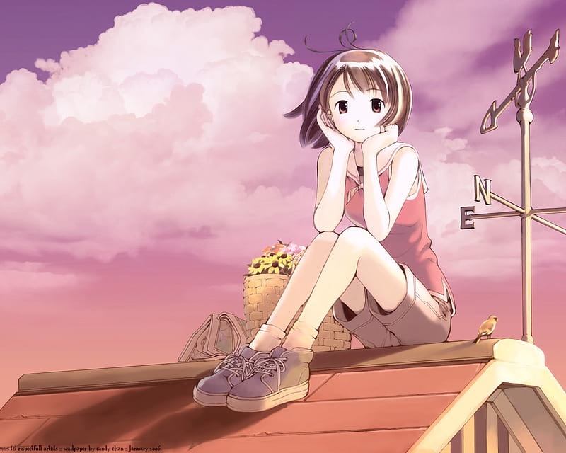 The Roof Top, female, cloud, house, sky, building, cute, girl, anime, anime girl, HD wallpaper