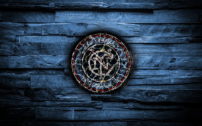 New York City FC scorched logo, MLS, blue wooden background, american football club, Eastern Conference, grunge, soccer, New York City logo, fire texture, USA, HD wallpaper