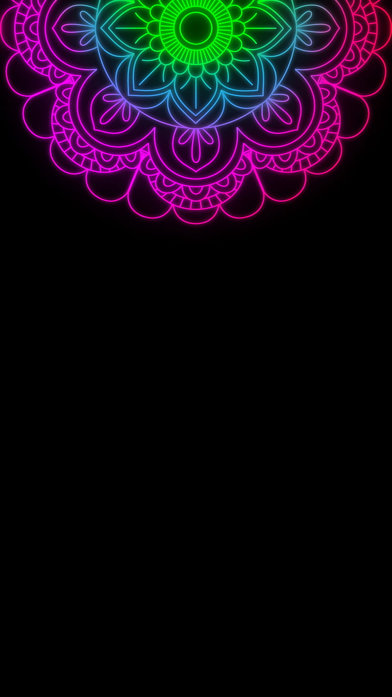 Mandala up, amoled, black, flower, ornament, ornate, pink, rainbow, spiritual, HD phone wallpaper