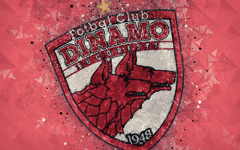 FC Dinamo Bucuresti logo, geometric art, red background, Romanian football club, emblem, Liga 1, Bucharest, Romania, football, art, HD wallpaper