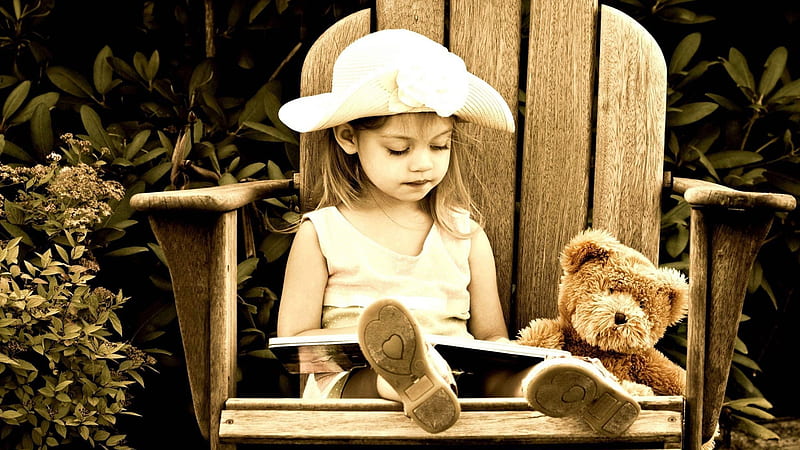 Cute Girl Child Is Sitting On Chair And Reading Book Near A Teddy Bear Cute, HD wallpaper