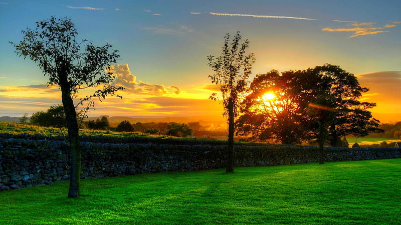 Summer evening sunset, Trees, Clouds, Green, Grass, Blue sky, Stone wall, Sunset, HD wallpaper