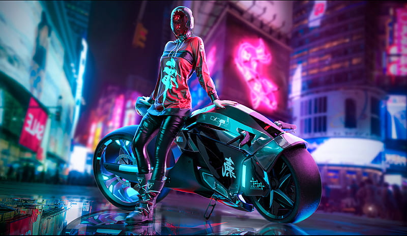 Biker Cyberpunk Girl , cyberpunk, biker, artist, artwork, digital-art, neon, artstation, HD wallpaper