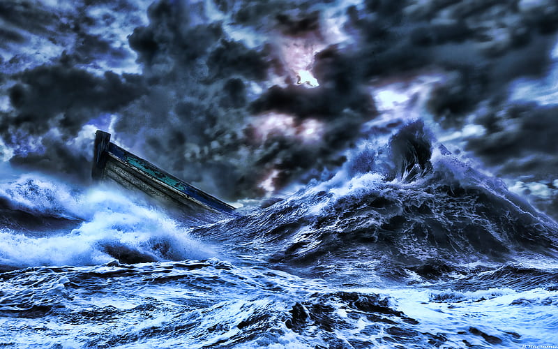 sinking boat, huge waves, storm, element, boat, sea, HD wallpaper