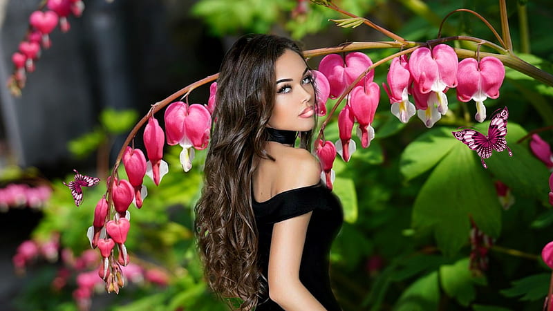 LaFemme Portrait Bleeding Hearts, pretty, bold, women are special, bonito, bright color, bleeding hearts, floral, bold color, flowers, bright, lafemme portrait, pink, female trendsetters, lovely, vivid, black, butterflies, lips nails eyes hair art, creative graphy, vivid color, HD wallpaper