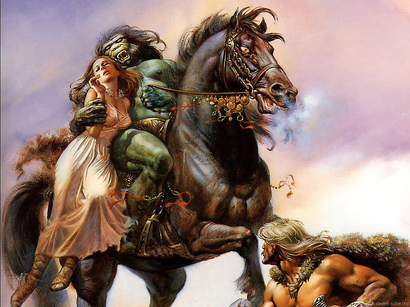 Kidnapped by the Beast, warrior, ape, taken, horse, woman, HD wallpaper