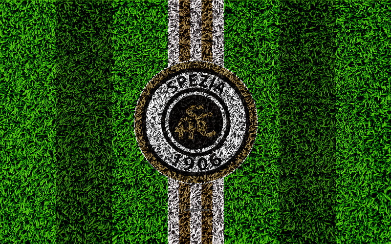 Spezia Calcio football lawn, italian football club, logo, gold black lines, grass texture, Serie B, La Spezia, Italy, football, Spezia FC, HD wallpaper