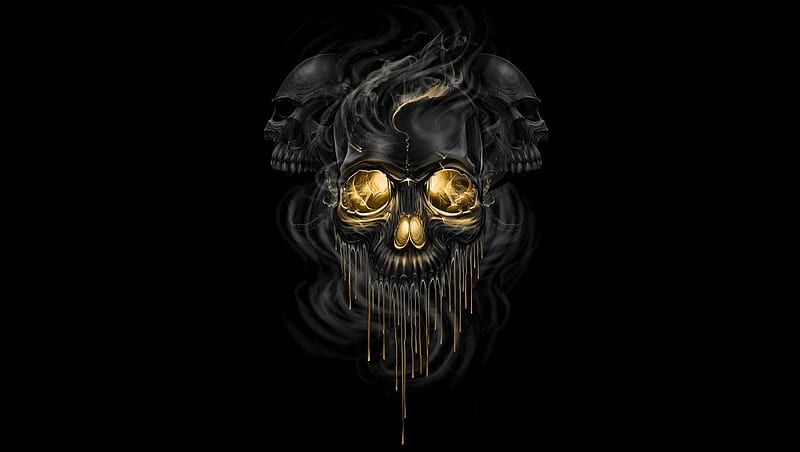Skulls, death, fantasy, golden, black, bones, skull, HD wallpaper