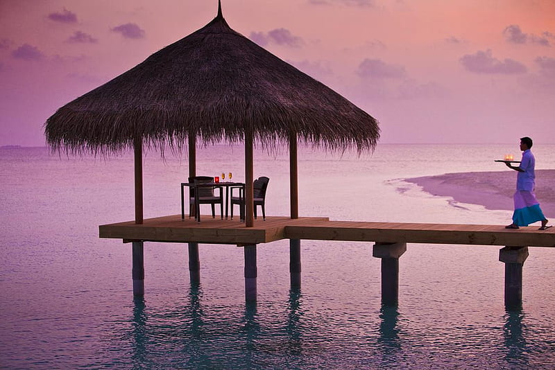 A Romantic Night For Two, maldives, two, waiter, drinks, pier, gazebo, HD wallpaper