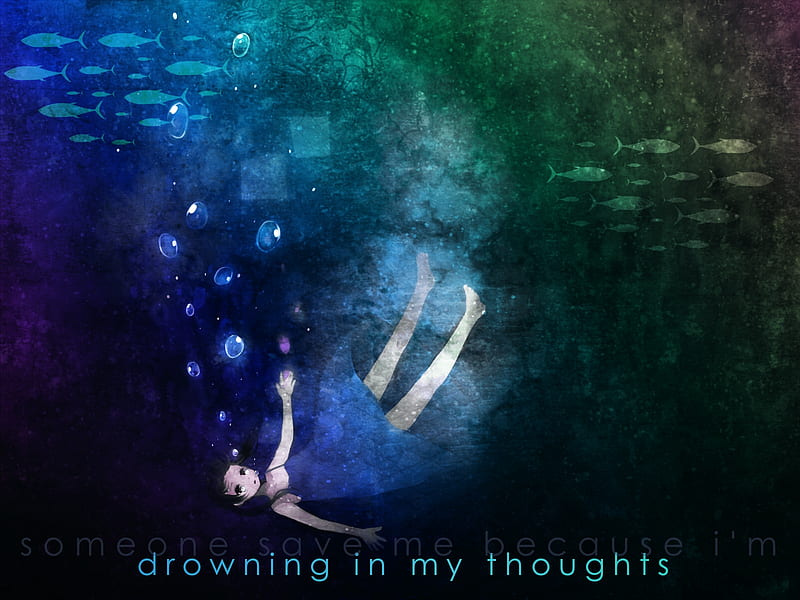 Drowning In My Thoughts, water, girl, drowning, anime, bubbles, blue, HD wallpaper