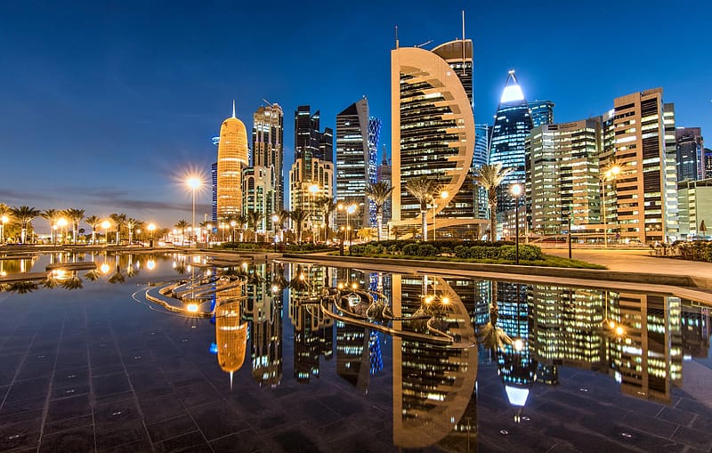 Cities, Night, City, Skyscraper, Building, Reflection, Light, Doha, Qatar, HD wallpaper