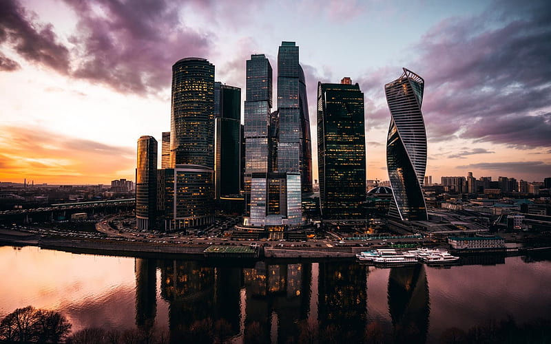 Moscow City, modern architecture, skyscrapers, Russia, sunset, Moscow, HD wallpaper
