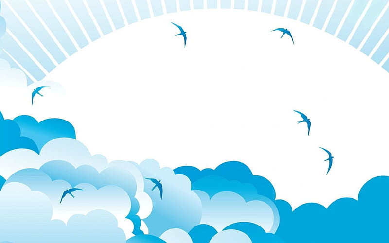 Clouds and birds, cloud, sun, luminos, sky, bird, texture, white, blue, vector, HD wallpaper