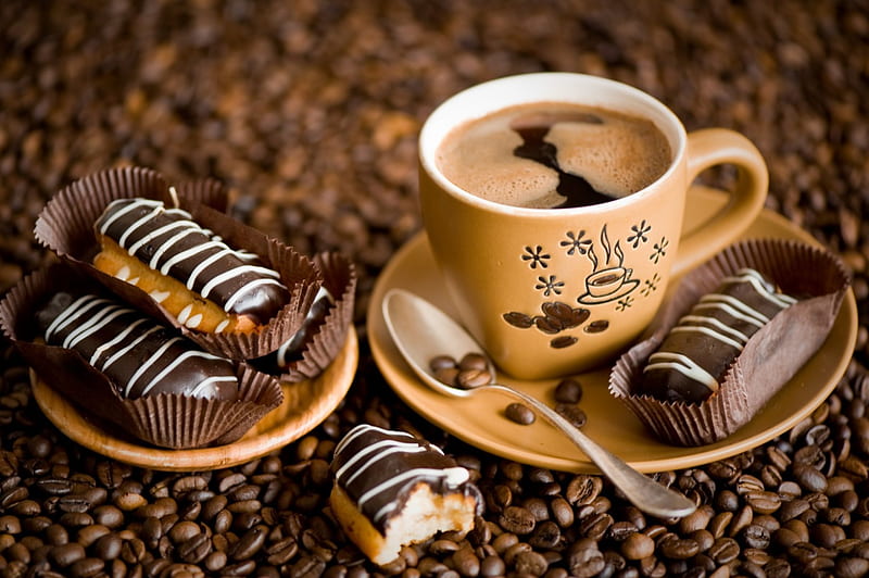Coffee Time, cookies, coffee, cup of coffee, cup, coffee beans, HD wallpaper