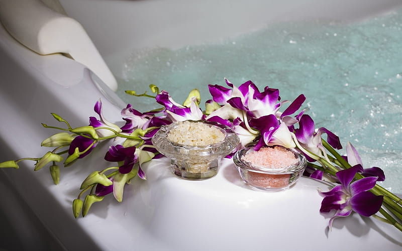 Luxurious Bathroom, body care, orchids, water, salt, beauty spa, pool, HD wallpaper