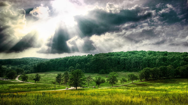 Valley Forge Pennsylvania, sun, grass, trees, clouds, sky, carros, rays, road, fiels, HD wallpaper