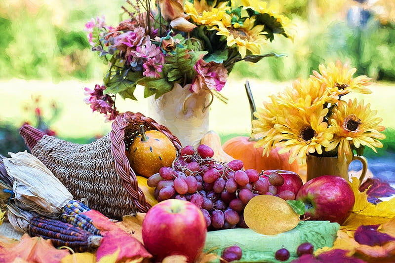 Cornucopia, colorful, fruit, autumn, jill wellington, food, toamna, flower, cornul abundentei, HD wallpaper
