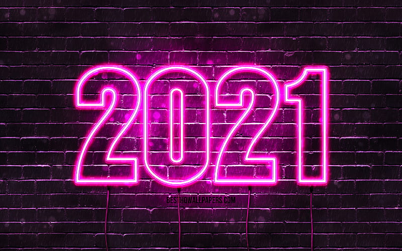 Happy New Year 2021, purple brickwall, creative, 2021 purple neon digits, 2021 concepts, wires, 2021 new year 2021 on purple background, 2021 year digits, HD wallpaper
