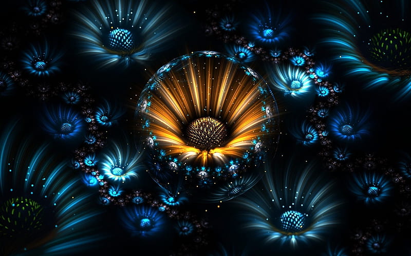 fractals, 3d flowers, art, rays, HD wallpaper