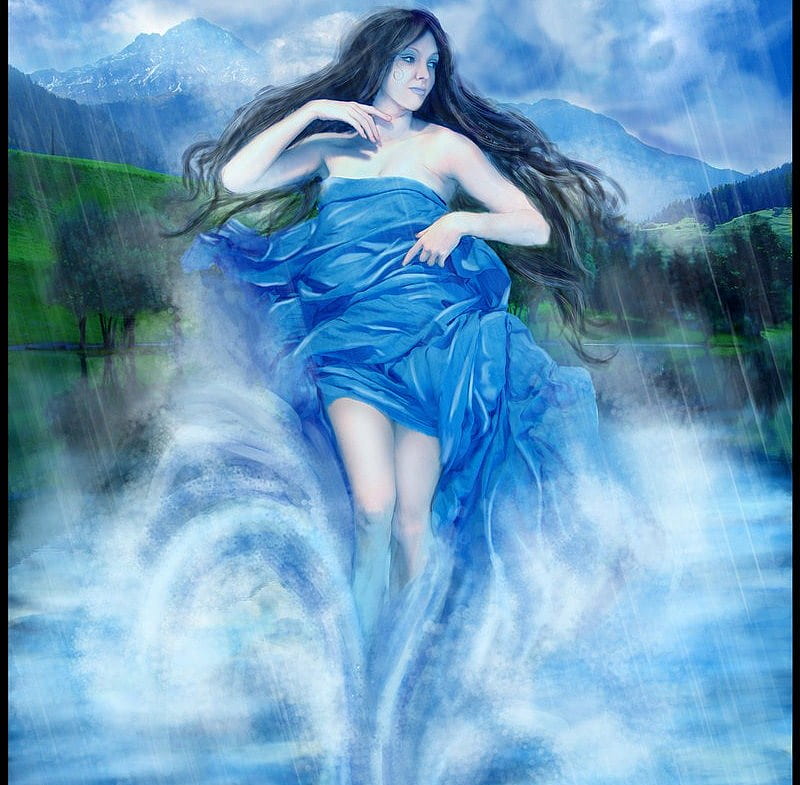maria, fantasy, water, girl, rain, blue, HD wallpaper
